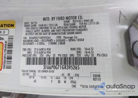 2016 Ford Fusion S z USA, uszkodzony, nr VIN 3FA6P0G71GR395265